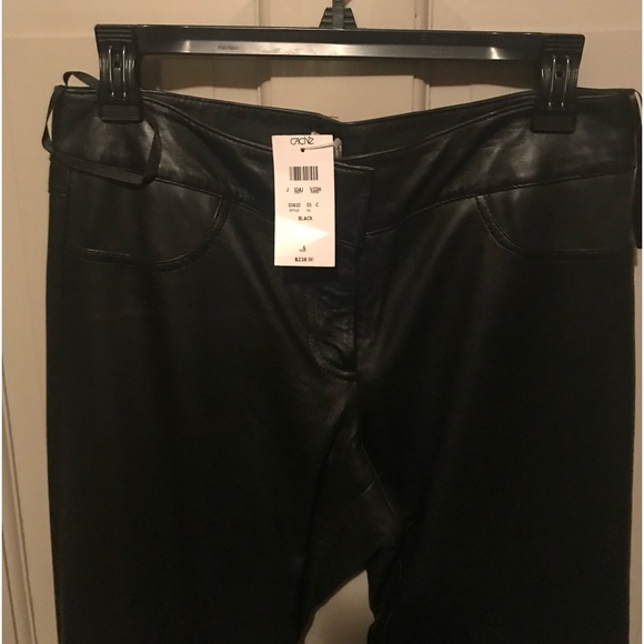 Black leather straight leg pants